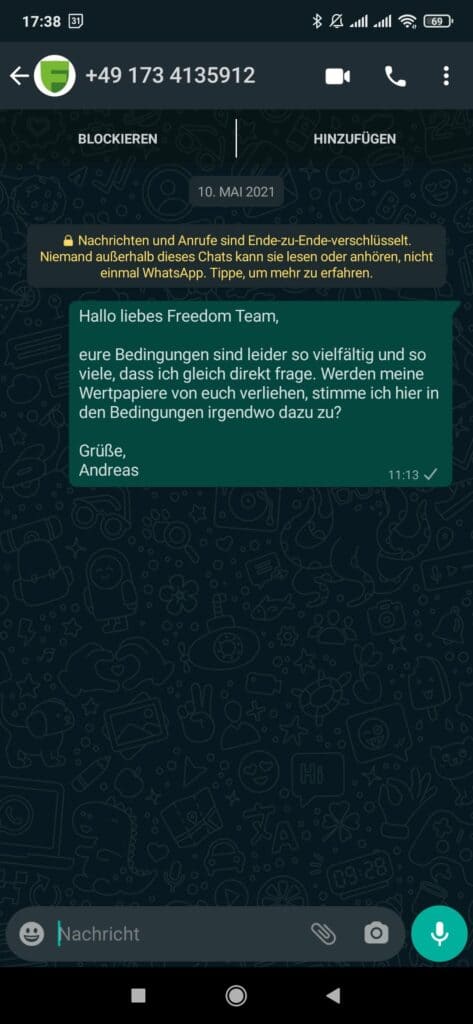 Whatsapp Support bei Freedom24 - leider keine Antwort